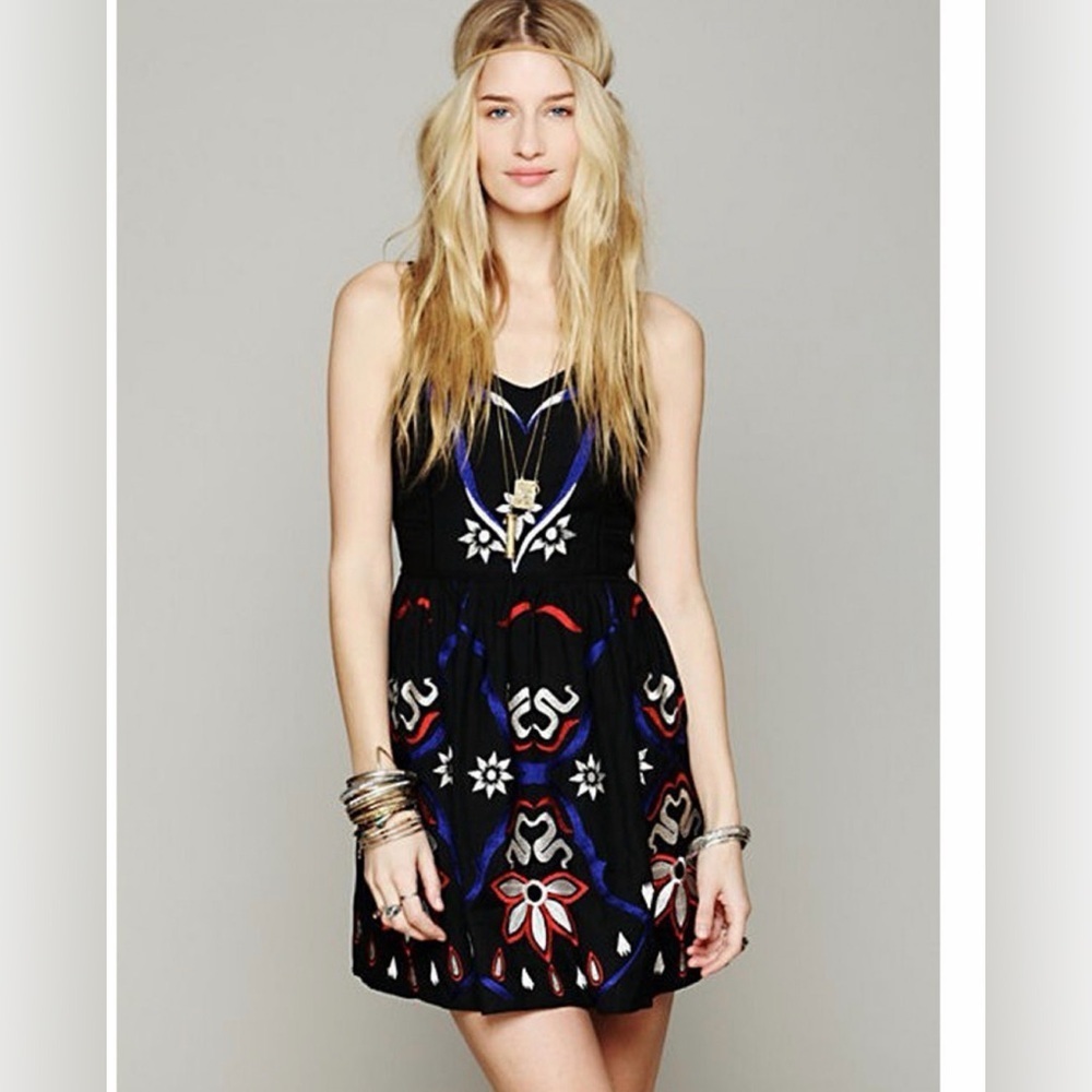 Black and Multicolor Embroidered Sleeveless Free People Dress
